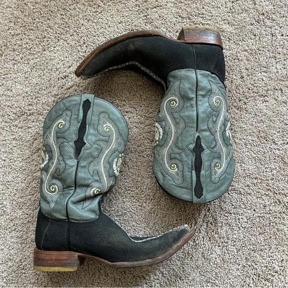 El General 1901 Exotic Stingray Leather Blue Black Embroidered Cowboy Boots 9.5 - Picture 2 of 12
